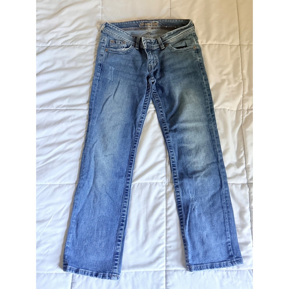 American Eagle Stretch Straight Leg Jeans Womens 6 Reg Blue Low Rise Distressed